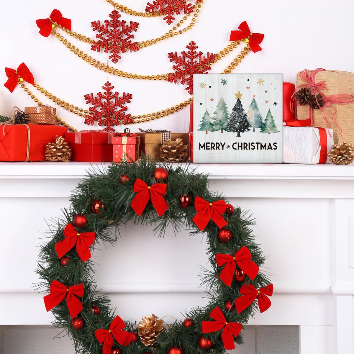 Merry Christmas Decorations - Christmas Tree Decor, Rustic Vacation Wooden Sign, Home Office Decor for Desk Table Shelf 5 X 5 Inches