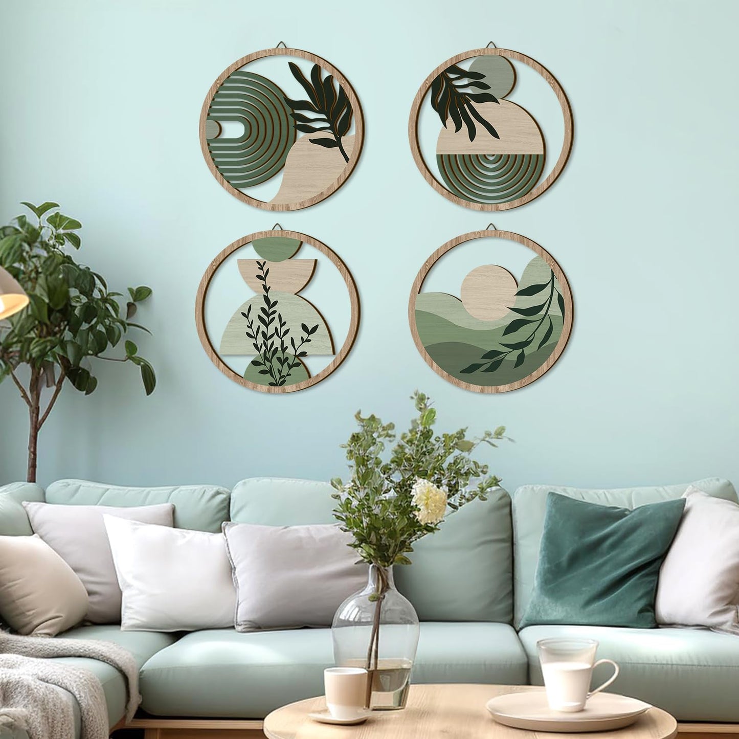 TOARTi 4 Pieces Green Botanical Wooden Wall Art Bohemian Hanging Art Farmhouse Geometric Wooden Wall Decor Aesthetic Tropical Plant Artwork Boho Minimalist Wall Decor for Bedroom Living Room