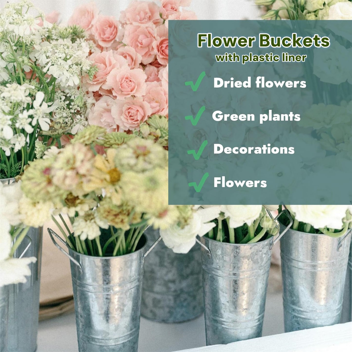 ZOOFOX Set of 4 Galvanized Metal Vases, 9" Farmhouse French Bucket with Handles, Rustic Style Metal Flower Holder for Home and Wedding Table Centerpiece Decor, with Plastic Liner/Insert Included