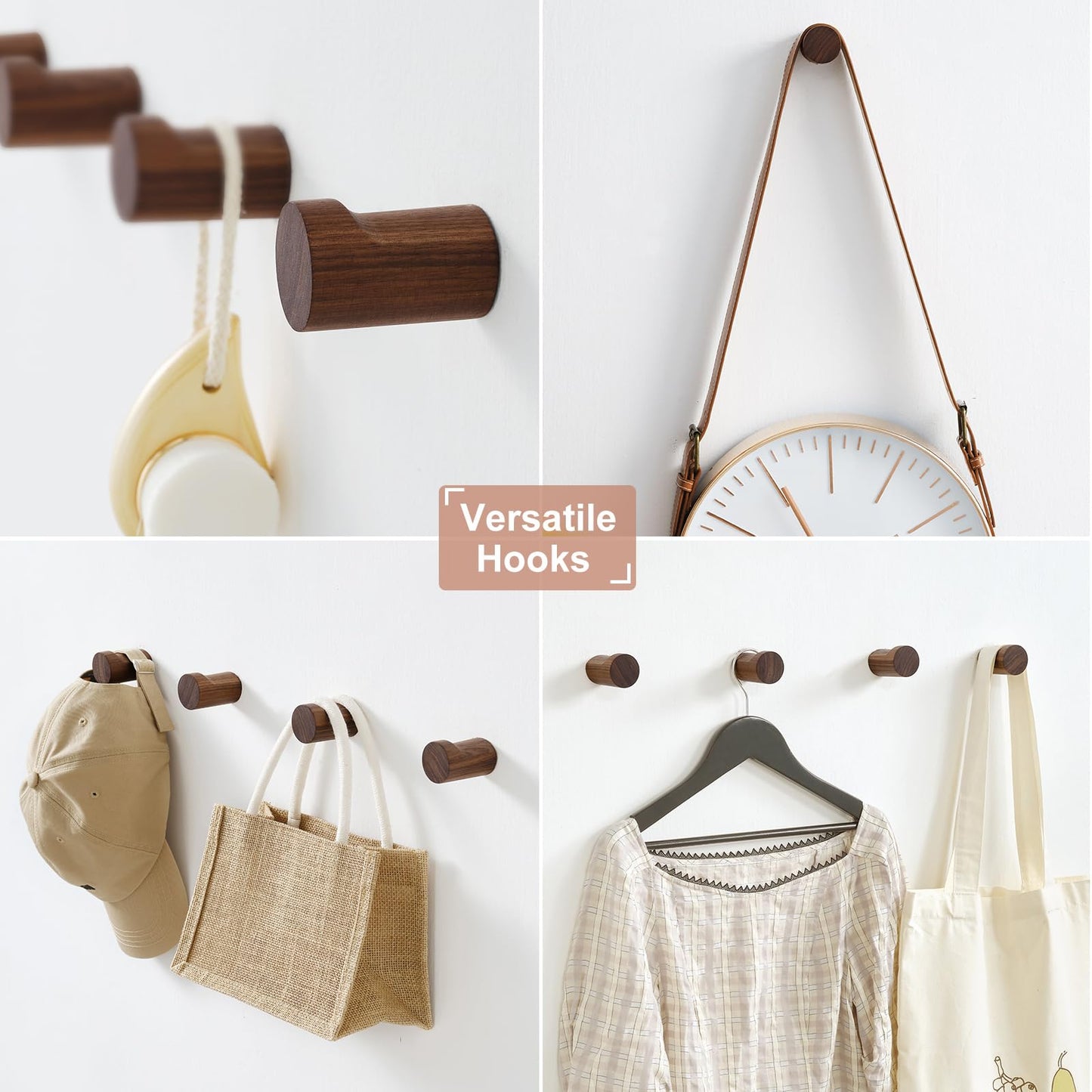 WOVRAN Wood Wall Hooks for Hanging, 6 Pack Rustic Coat Hooks Wall Mount, Handmade Wooden Pegs Hat Hook, Entryway Walls Hanger for Coat Purse, Boho Bathroom Towel Rack (Walnut Wood)