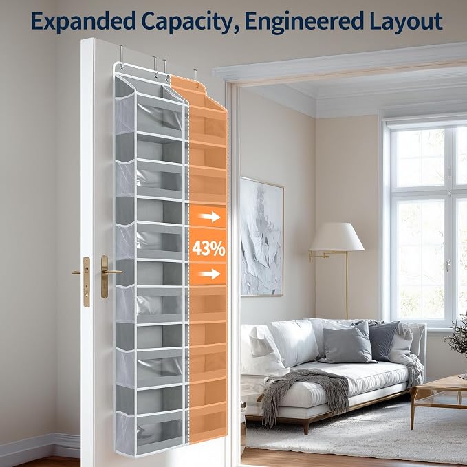 Yecaye 6-Tier Over The Door Organizer Dual-Column of 12 Compartments, College Dorm Essentials with Clear PVC Windows, Heavy Duty Door Organizer Hanging for Bedroom Bathroom Pantry Nursery, Grey 1 Pack