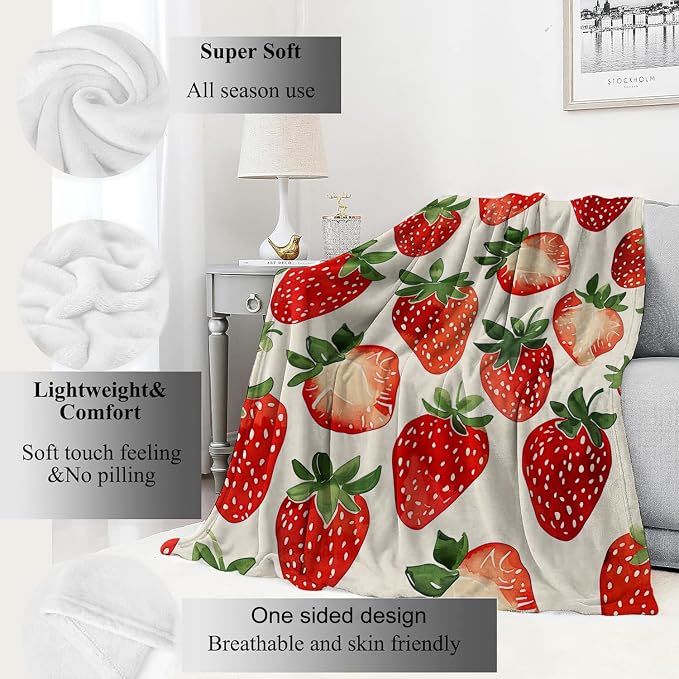 Strawberry Blanket,Sweet Juicy Red Fruit Throw Blankets,Gifts for Kids & Foodies & Summer Lovers,Lightweight Soft Fleece,for Picnic Sofa Couch Bed Room Travel,Birthday Decor,50x60in