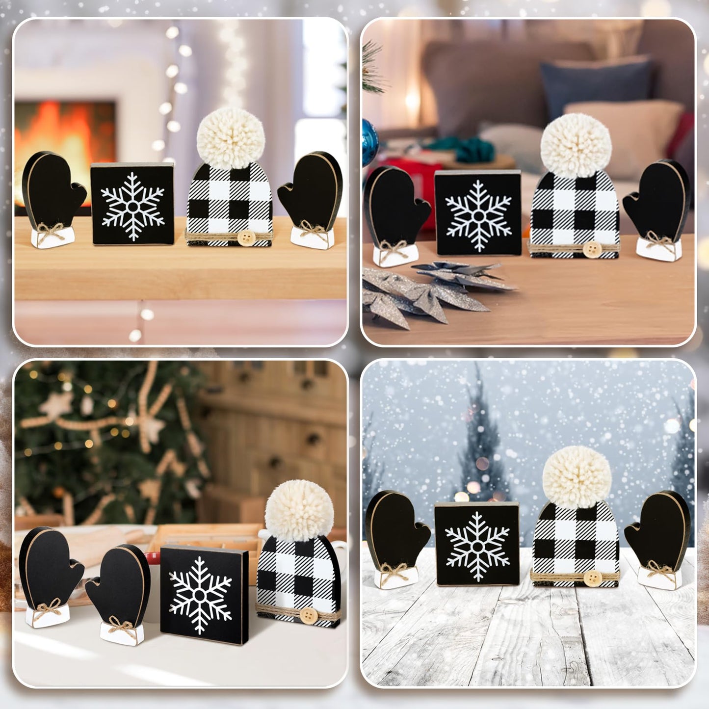 Wenqik 4 Pcs Winter Table Decor Snowflake Gloves Hat Wooden Table Centerpiece Black and White Rustic Farmhouse Wood Tiered Tray Decor Block Sign for Winter Holiday Party Office Shelf Home