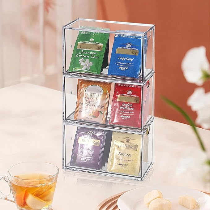 ELLDOO 3 Drawers Tea Bag Organizer, Clear Acrylic Stackable Tea Bag Storage Holder for Kitchen Pantry, Coffee Pod Snack Storage for Countertop Cabinet