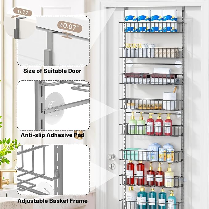 ElegantArray 10-Tier Pantry Door Oragnizer, Over The Door Pantry Organizer Rack and Storage, Hanging Spice Rack Shelves Door, Home Office Laundry Room Bathroom & Kitchen Organization, Light Gray