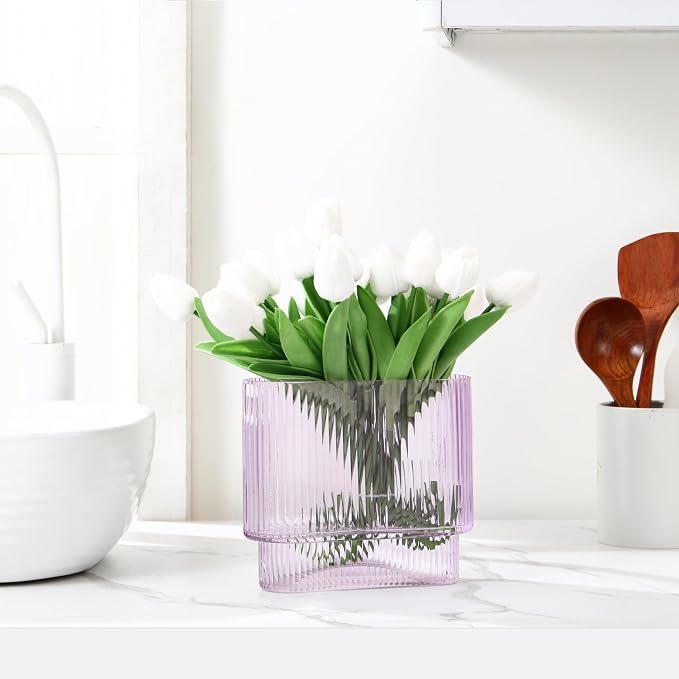 Ribbed Vase, Purple Glass Vase for Flowers, Purple Flower Vases for Tulips, Modern Vases for Living Room, Dining Table, Office, Bedroom, Mantle, Shelf, Wedding, 7 Inch