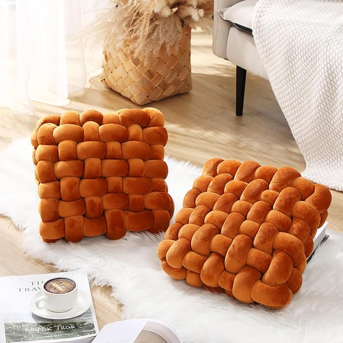 Wenqik 2 Pcs Knot Pillows Square Knotted Plush Throws Soft Accent Pillows Decoration Cushion for Couch Home Office Living Room Bedroom Bed Sofa Decor, 12'' x 13''(Caramel,Crystal Velvet)