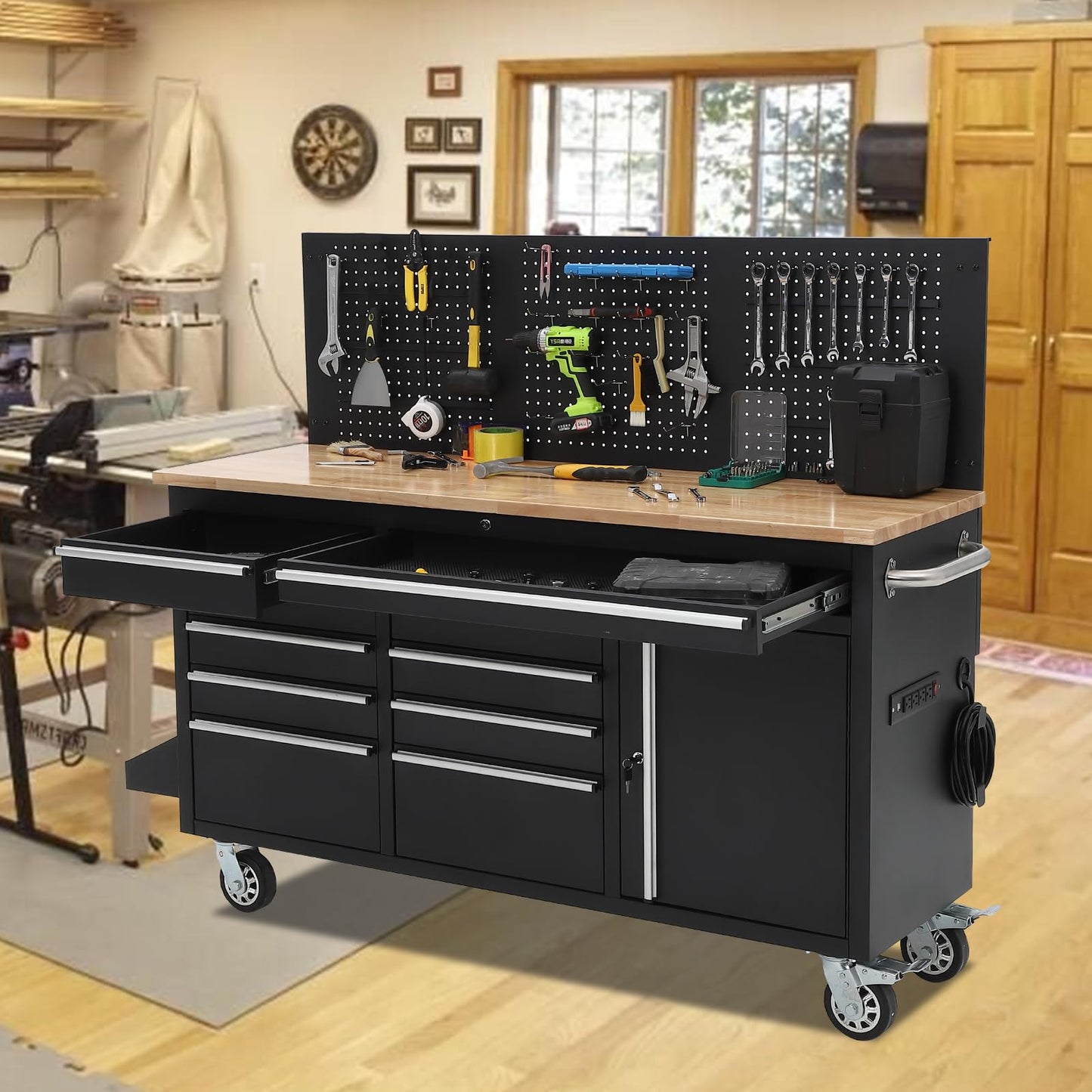 GAOMON 61-inch Rolling Tool Chest, 10 Drawers Garage Workbench Storage Tool Cabinet with Power Strip, Solid Rubber Wood Top, 1675 LBS Load Mobile Workstation, Heavy Duty Rolling Cabinet