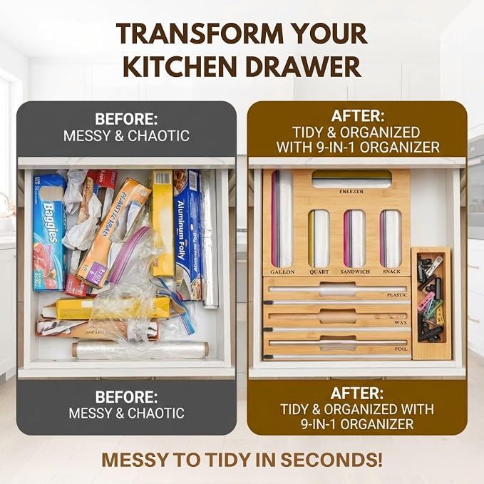 9 in 1 Bamboo Kitchen Drawer Organizer for Storage Bags, Foil & Plastic Wrap Holder with Built-In Cutter, Fits Gallon, Quart, Sandwich, and Snack