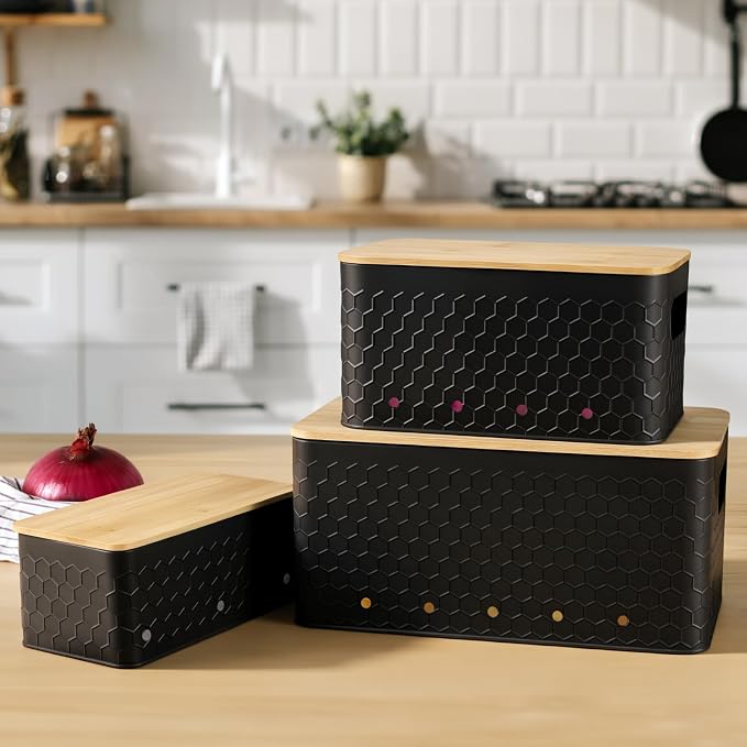 Kitchen Vegetable Storage Set of 3, Metal Onion Garlic Potato Storage Set, Kitchen Canisters Vegetable Keeper Containers with Aerating Holes and Bamboo Lid,Embossed Black