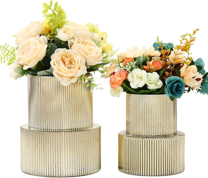 Ribbed Glass Vases for Bouquet, Set of 2 Gold Vases for Flowers, Gold Glass Vase for Tulips, Modern Vase for Living Room, Office, Coffe Table, Dining Table, Shelf, Wedding