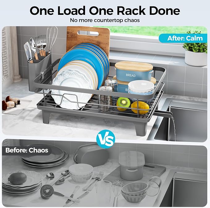 Urackify Dish Drying Rack for Kitchen Counter, Sink Dish Rack with Drainboard 12.2" W x 16.5" L, Large Dish Drainer with Cutlery Holder, Home Countertop Plate Dryer Storage Rack, Gray