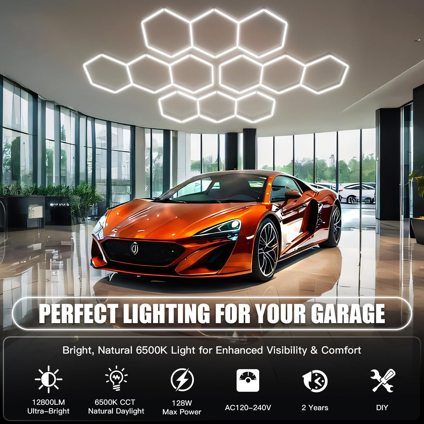 JTT Hexagon Garage Lights,16Pack 128W LED Garage Hexagon Lights,3 Grids 6500K Super Bright Car Detailing Ceiling LED Shop Light for Warehouse Workshop Gym Exhibition Hall Basement Car Care