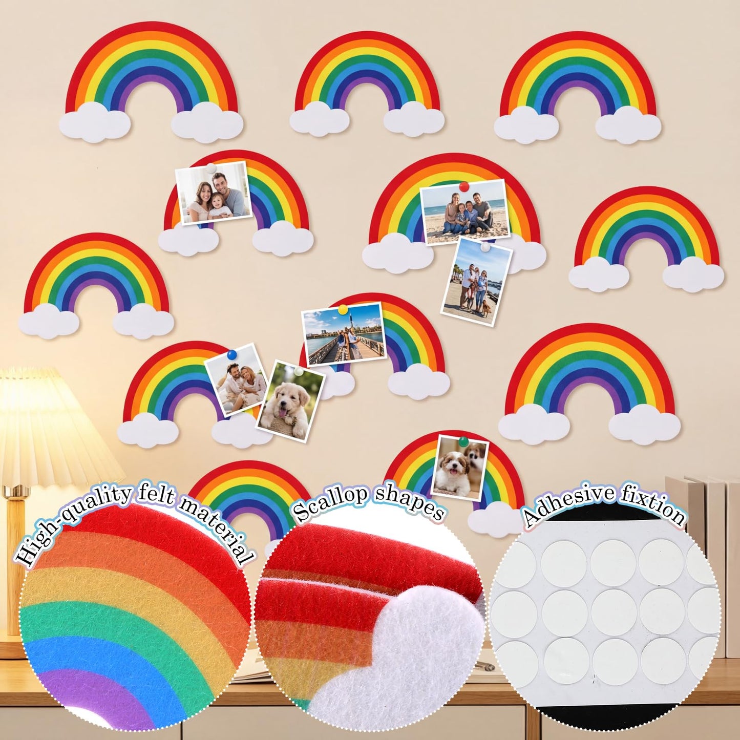 YooNotee 12 Pcs Rainbow Felt Wall Decor Rainbow Bulletin Board 3 Size Bohemian Nursery Decor Wall Hanging Supply for Nursery Bedroom Living Room Home Dorm Art