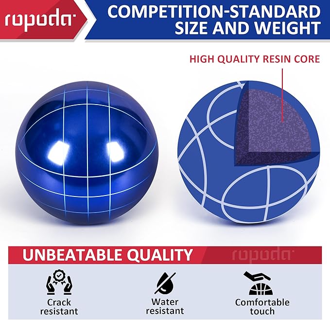 ropoda 107mm Bocce Ball Set Regulation Size and Weight with 8 Resin Bocce Balls, Resin Bocci Balls for Professional Tournament Competition, 60mm Pallino, Nine-Grid Shockproof Carrying Bag(2-8 Players)