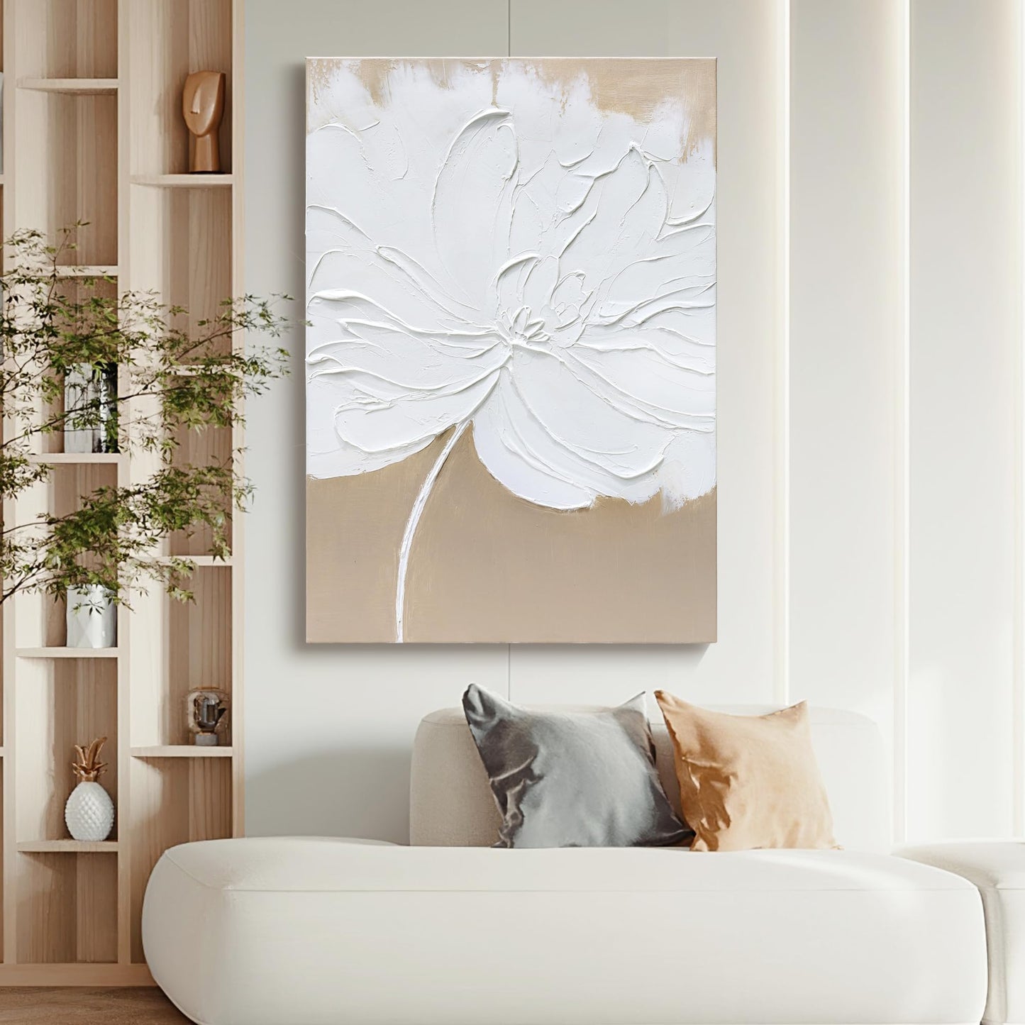 Artaanchuil Hand Painted White Flower Texture Wall Art - 28x40 Inch Beige Canvas Abstract Oil Painting Vertical Modern Artwork for Living Room Wall Decoration