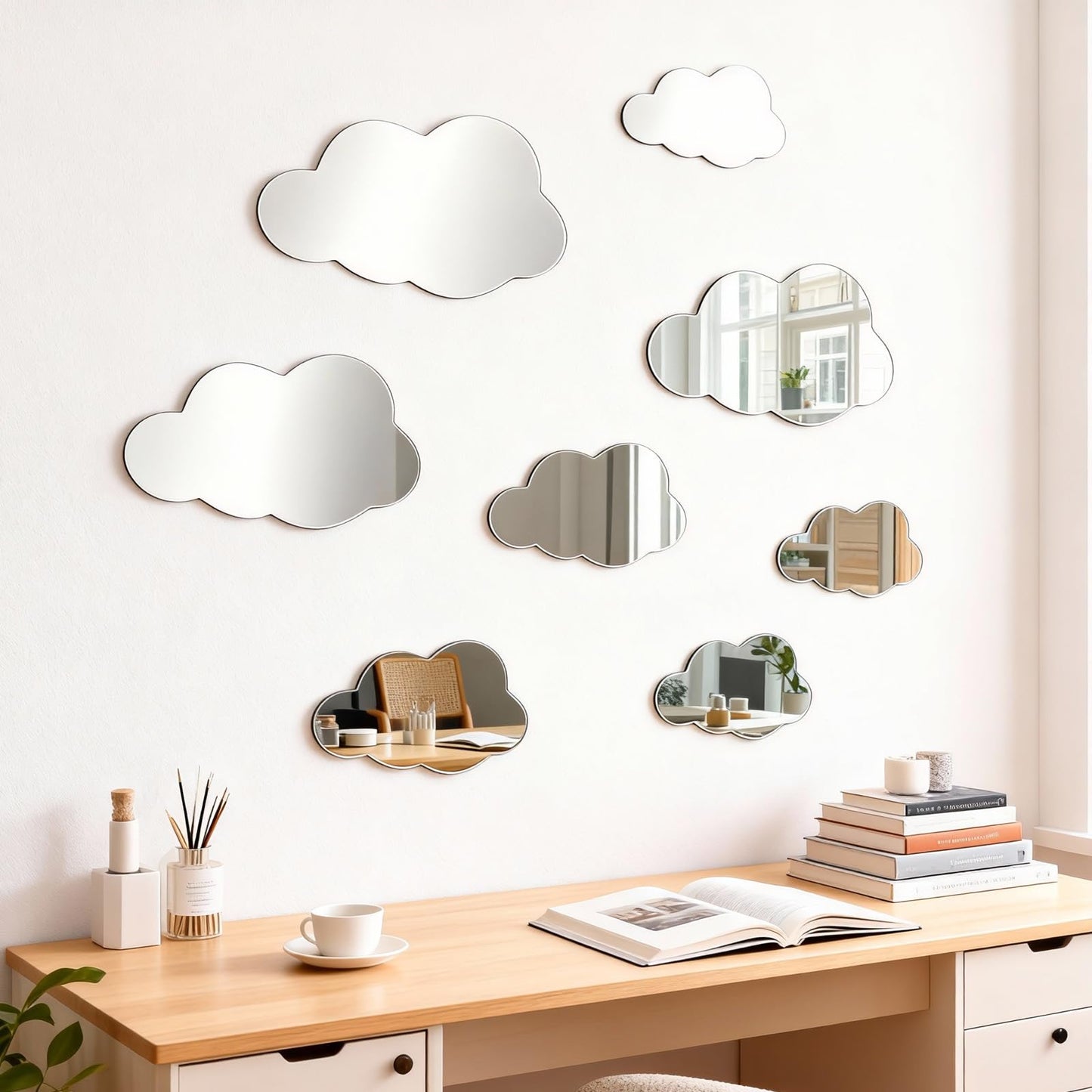 8 Pcs 3D Acrylic Cloud Mirror Wall Stickers Decorative Self Adhesive Cloud Mirror Decals for Classroom Kids Bedroom Playroom Living Room Nursery Wall Decor