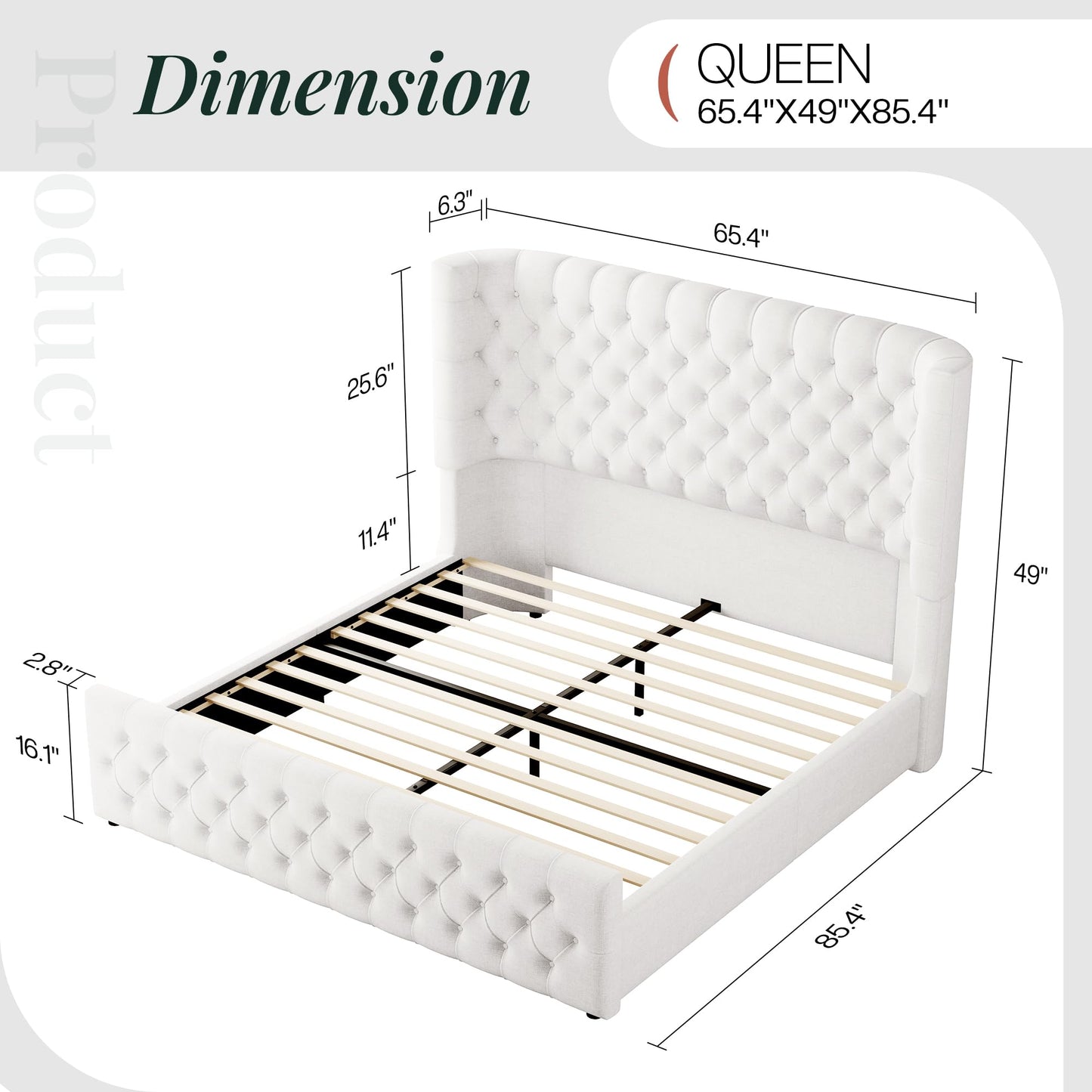 Jocisland Queen Size Platform Bed Frame, 6.3" Thick Upholstered Curved Wingback Headboard and Footboard with Deep Button Tufted, Easy Assembly, No Box Spring Needed, White Linen