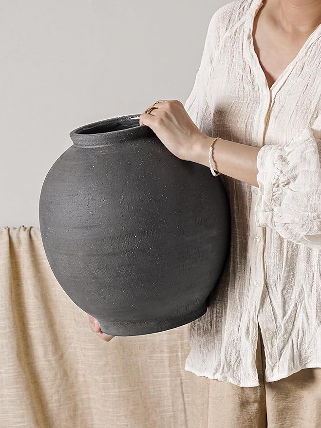 Black Ceramic Vase - Large 12.5 Inch Round Floor Vase for Centerpieces, Farmhouse Flower Vases, Rustic Minimalist Home Decor,Sandstone Dark Grey