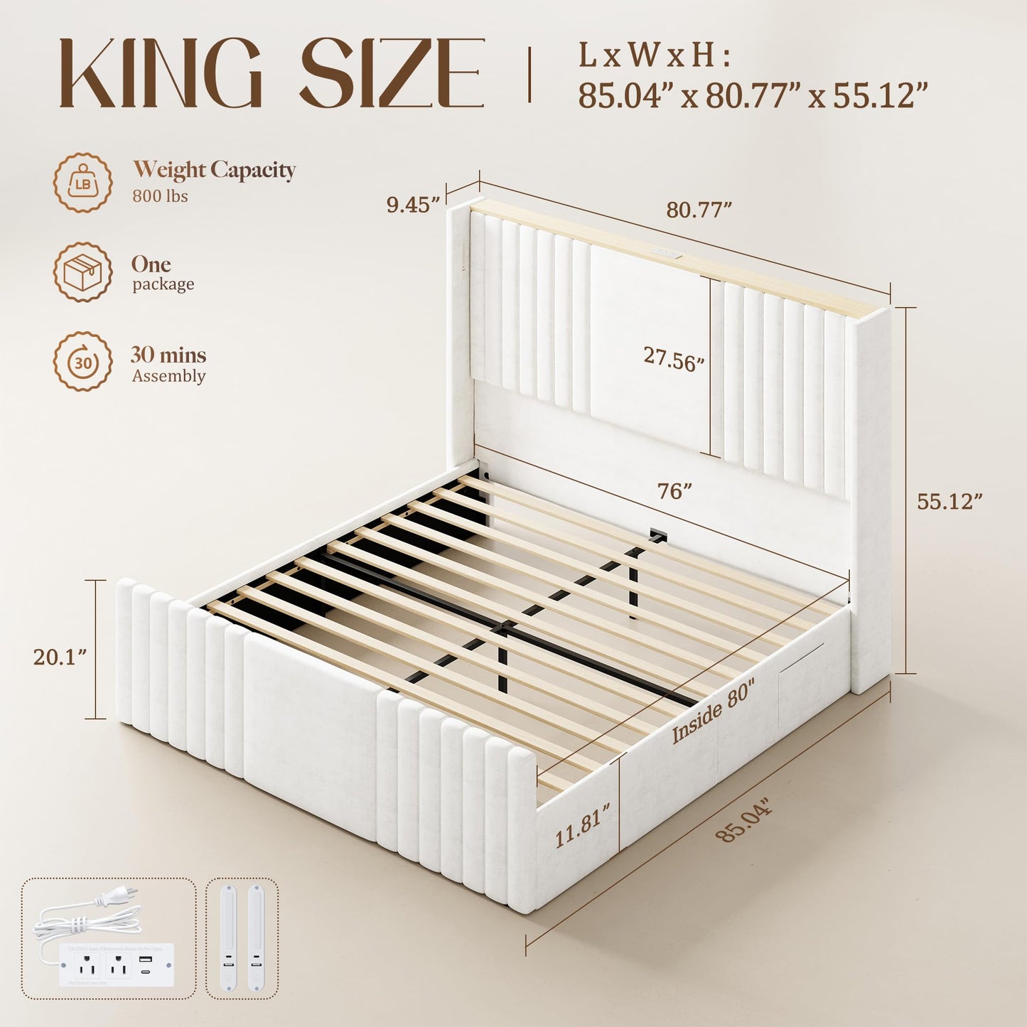 Uteeran King Size Bed Frame with 55.1" Tall Headboard, Velvet Upholstered Platform Bed with Channel Tufted Wingback, 2 Reading Lights/Storage Shelf/Charging Station/Easy Assembly/Noise-Free, Cream