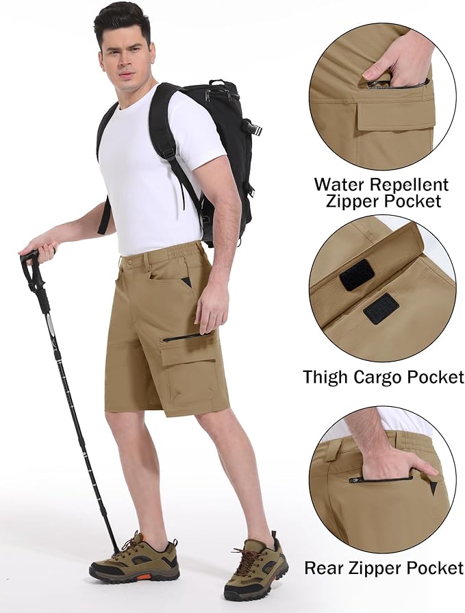 CRYSULLY Men's Hiking Cargo Shorts Outdoor Summer Lightweight Quick Dry Work Casual Shorts with 5 Zipper Pockets