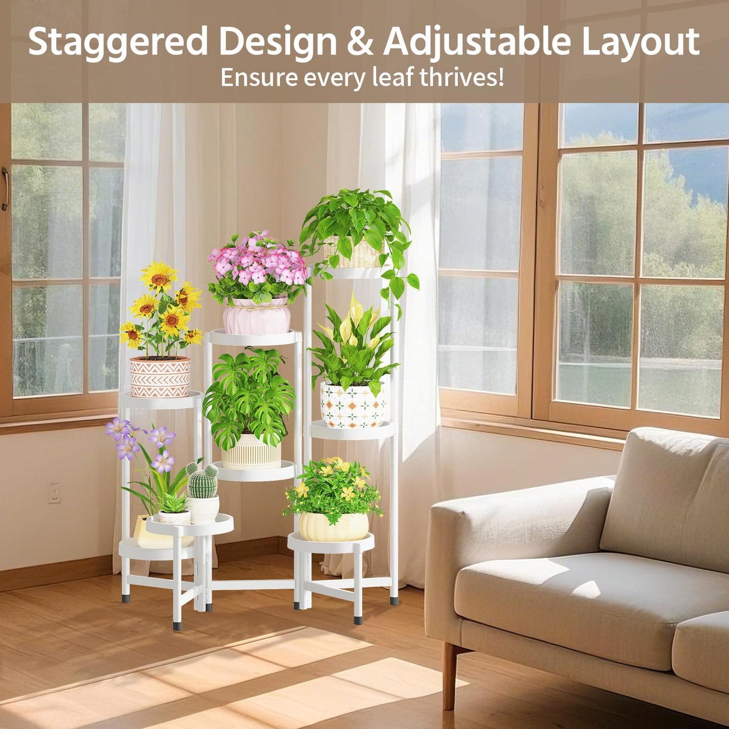 LASZOLA 8 Tiered Plant Stand Indoor Outdoor with Plastic Tray, Corner Folding Tall Flower Display Rack, Modern Plant Holder Shelf for Outdoor Patio Porch Garden Office Living Room, White