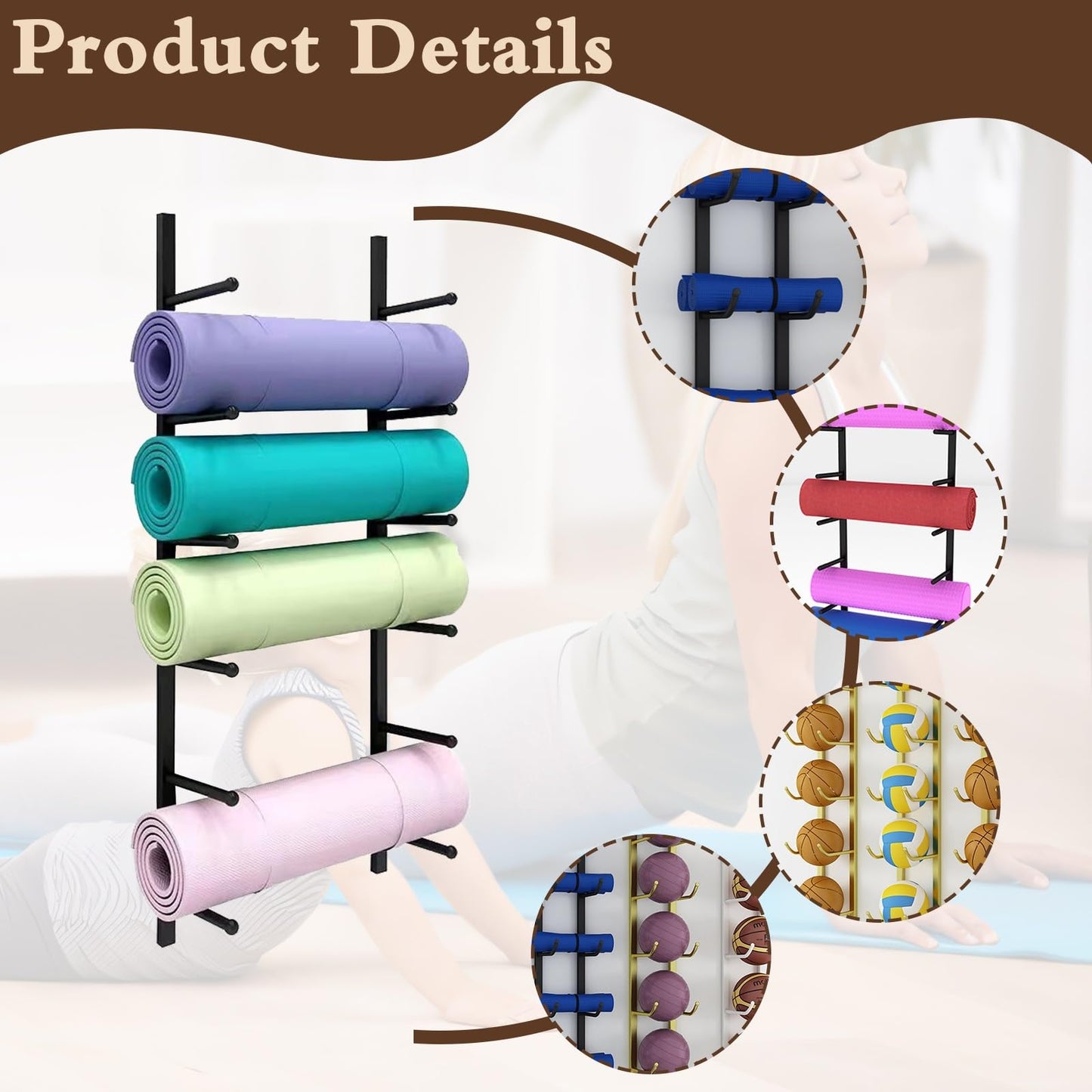 amhricho Yoga Mat Storage Rack, Wall Mounted Yoga Mat Holder, Large Capacity Storage Shelf, Multi-layer Storage, Home Hanging Storage Racks, Suitable for Home, Yoga Studio, Gym, School(Black,6-Tier)