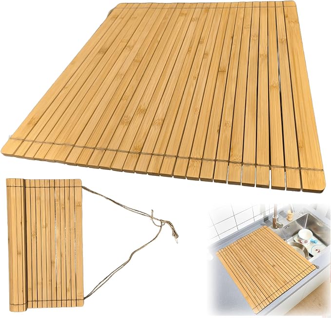 Over Sink Drainer Rack, Bamboo Roll up Dish Drying Rack Multipurpose Dish Drainer Counter Space, Over The Sink Dish DryingRack for Draining Dish, Glass, Vegetables, Fruits