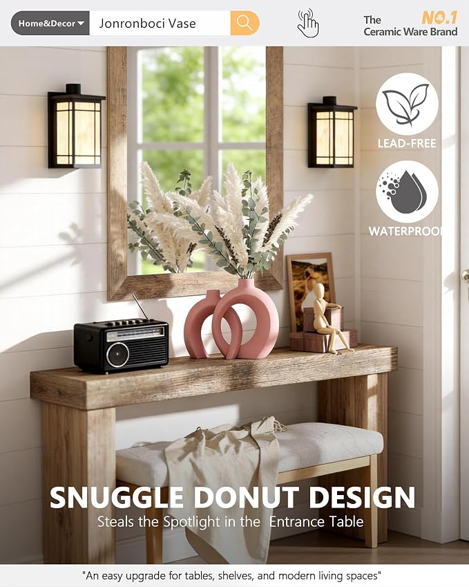 Set of 2 Pink Ceramic Vases for Home Decor Accents - Unique Hollow Donut Artistic Design Coquette Feminine Style Decorative Vases for Shelf, Mantel, Entryway Table Decor (Matte Pink)