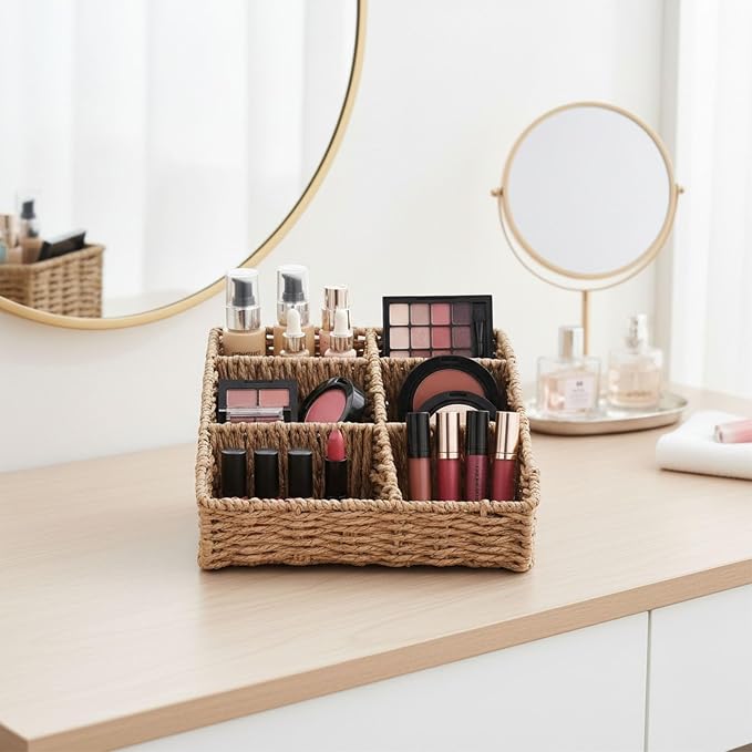Makeup Organizer, Hand-woven Wicker Basket for Dresser Vanity and Bathroom Countertop, 6 Compartment Skincare Organizer Cosmetic Display Case, Beauty Holder for Lipstick Brush Eyeshadow Palette