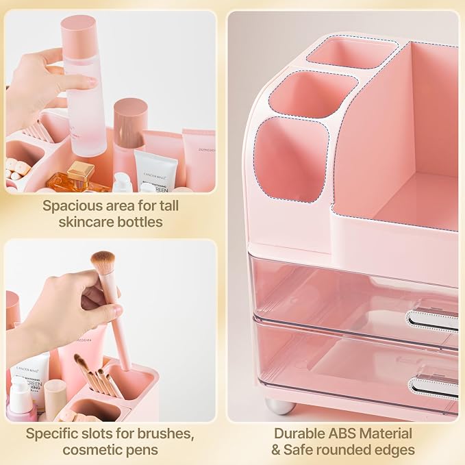 Makeup Organizer with Brush Holder, Makeup Organizer Countertop with 2 Drawers, Make up Organizers for Vanity, Vanity Organizer, Makeup Storage For Skin Cares,Makeup Brushes,Lipsticks,Perfumes(Pink)