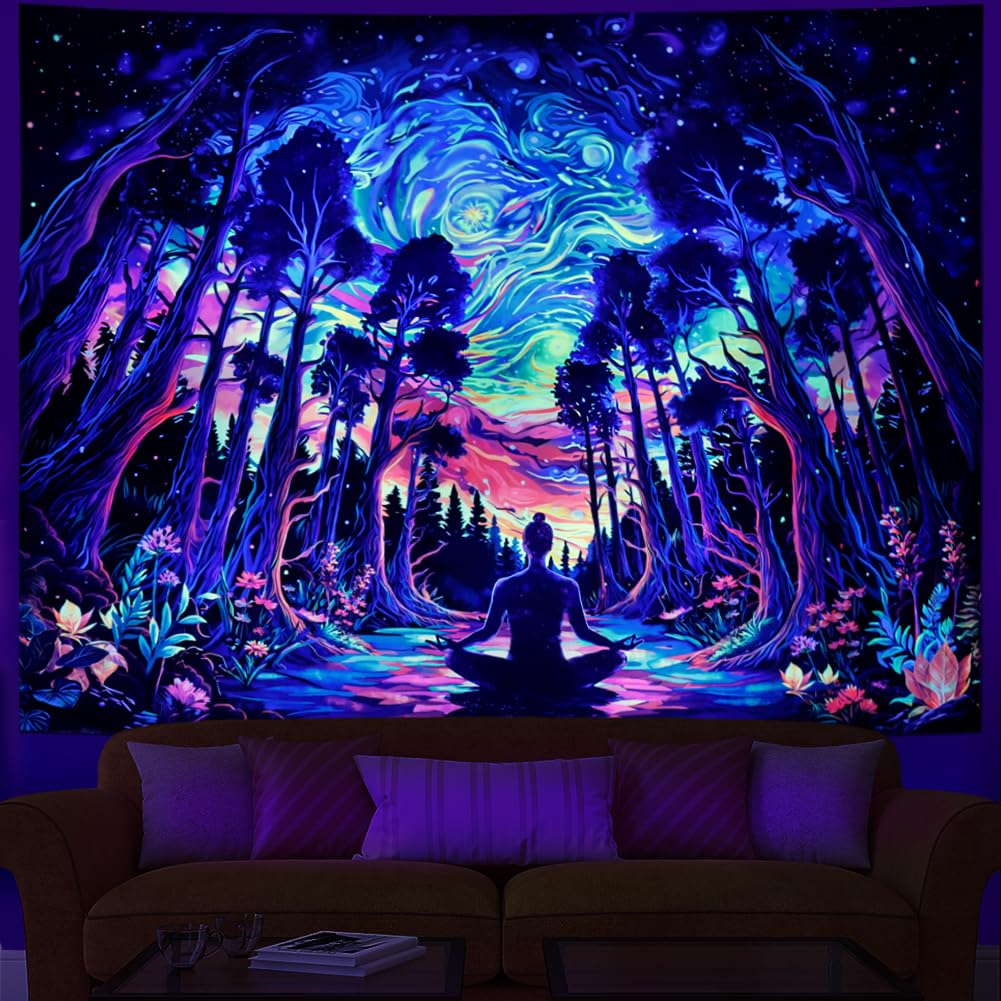 Heopapin Blacklight Psychedelic Forest Meditation Tapestry UV Reactive Cosmic Galaxy Starry Sky Wall Art Tapestry Trippy Yoga Spiritual Chakra Wall Hanging Tapestries for Home Decor 59.1L x 51.2W