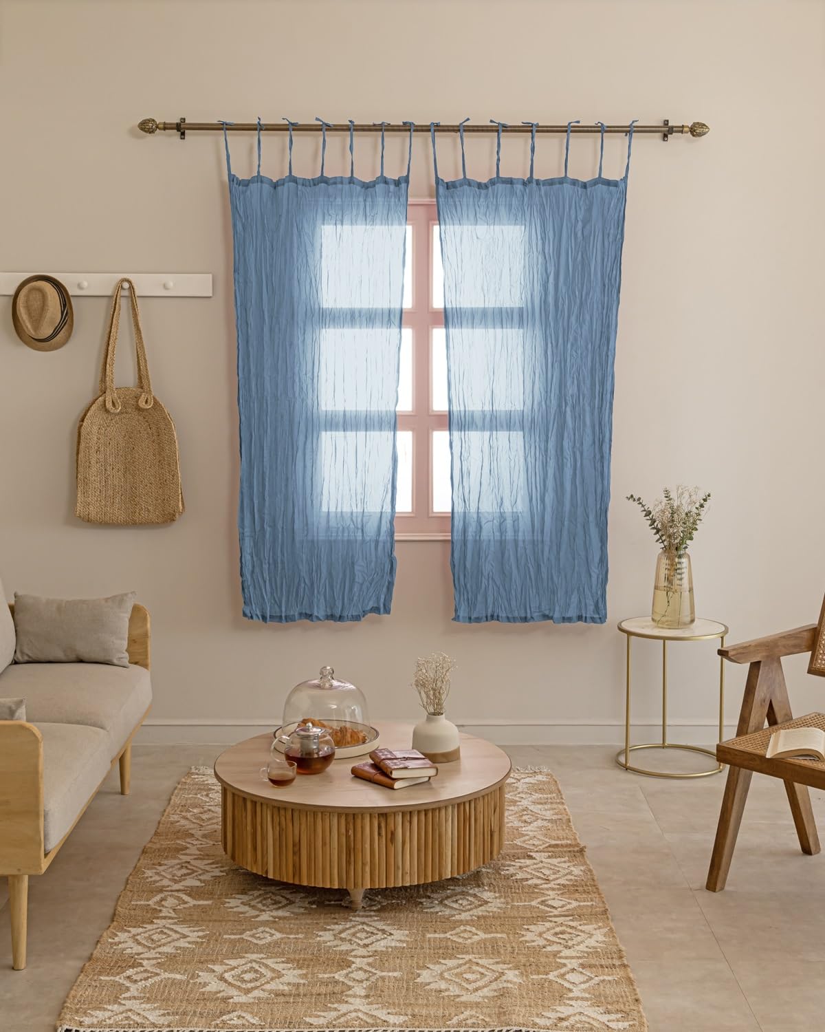 TARAN LIVING Sheer Crinkle Curtain Panel Set of 2, 100% Natural Washable Cotton Window Treatment Rod Pocket Curtain Panels for Kitchen, Bedroom and Living Room - Blue, Window - 42"x63"