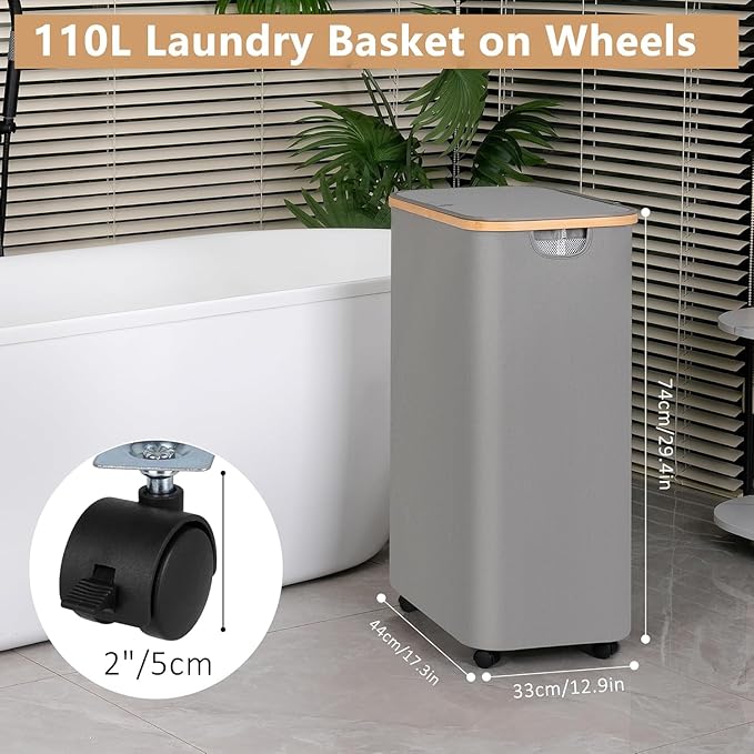 iEGrow Laundry Hamper with Wheels,110L Laundry Basket with lid Rolling Clothes Hamper Dirty Clothes Basket on wheels with Bamboo Frame and Bag for Bedroom, Dorm, Laundry Room,Pink