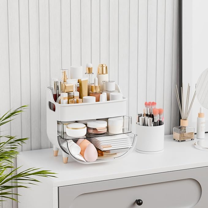 Yieach White Make up Organizers for Counter,Vanity and Dresser,Bathroom Makeup Organizer Countertop,Large Makeup Storage Organizer for Hair Tool,Beauty Products,Skin Care and Cosmetic Display Cases