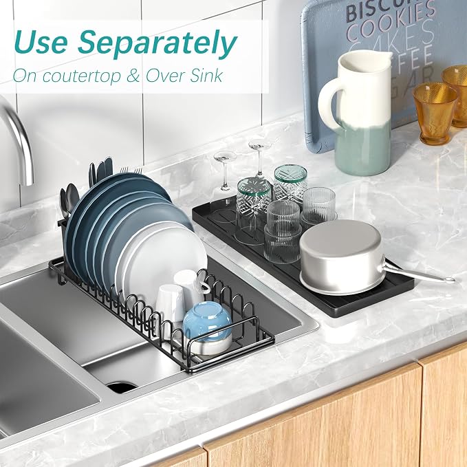 Giwil Small Dish Drying Rack, Compact Dish Rack with Silicone Tray and Caddy, Multifunctional Dish Drainer Sink Drying Rack for Kitchen Counter & Over the Sink, Stainless Stell, Black