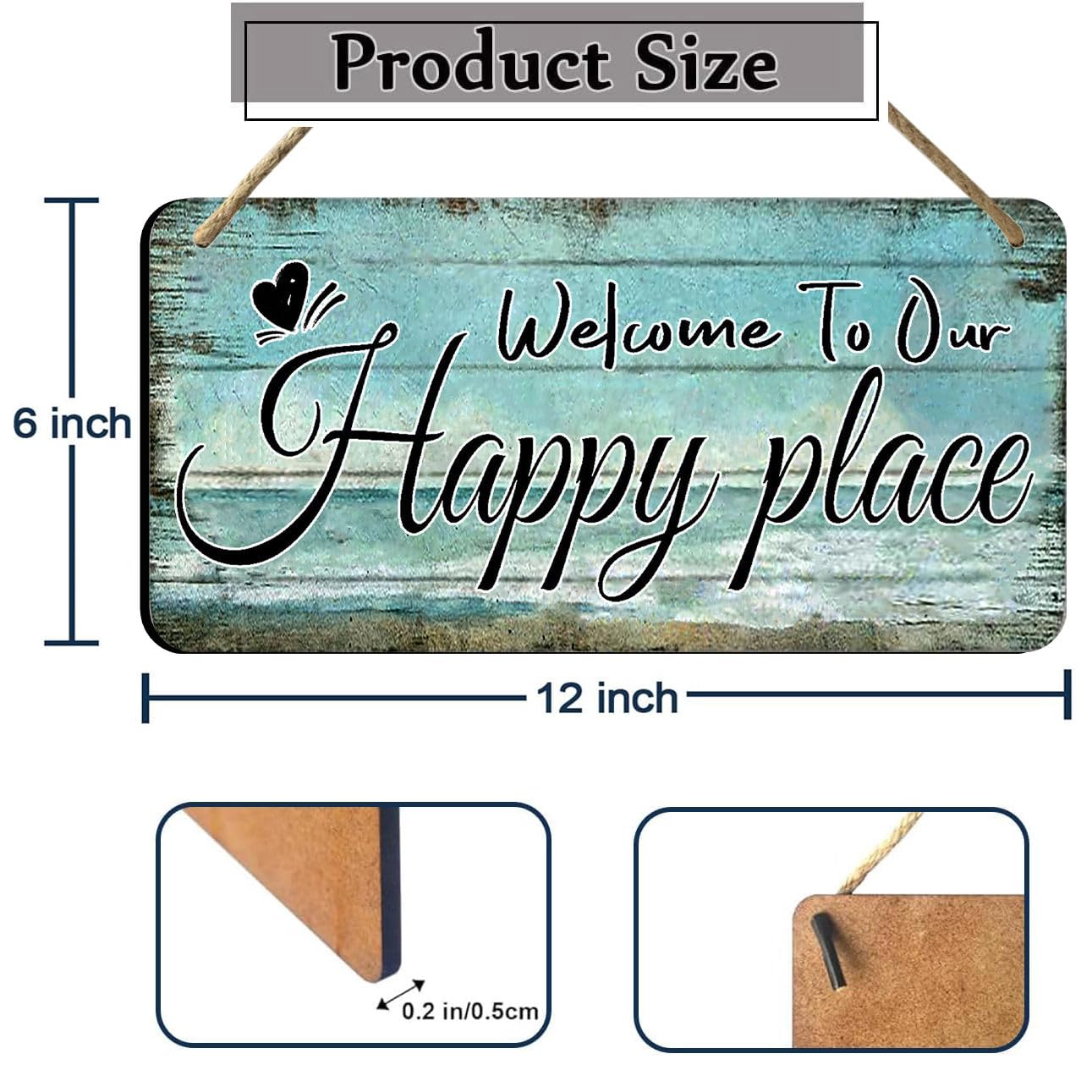 Welcome To Our Happy Place Sign Personalized Front Door Signs For Home Decor Wooden Hanging Sign Beach Signs Patio Wall Decor Summer Wood Porch Sign House Welcome Door Sign 6x12 Inch