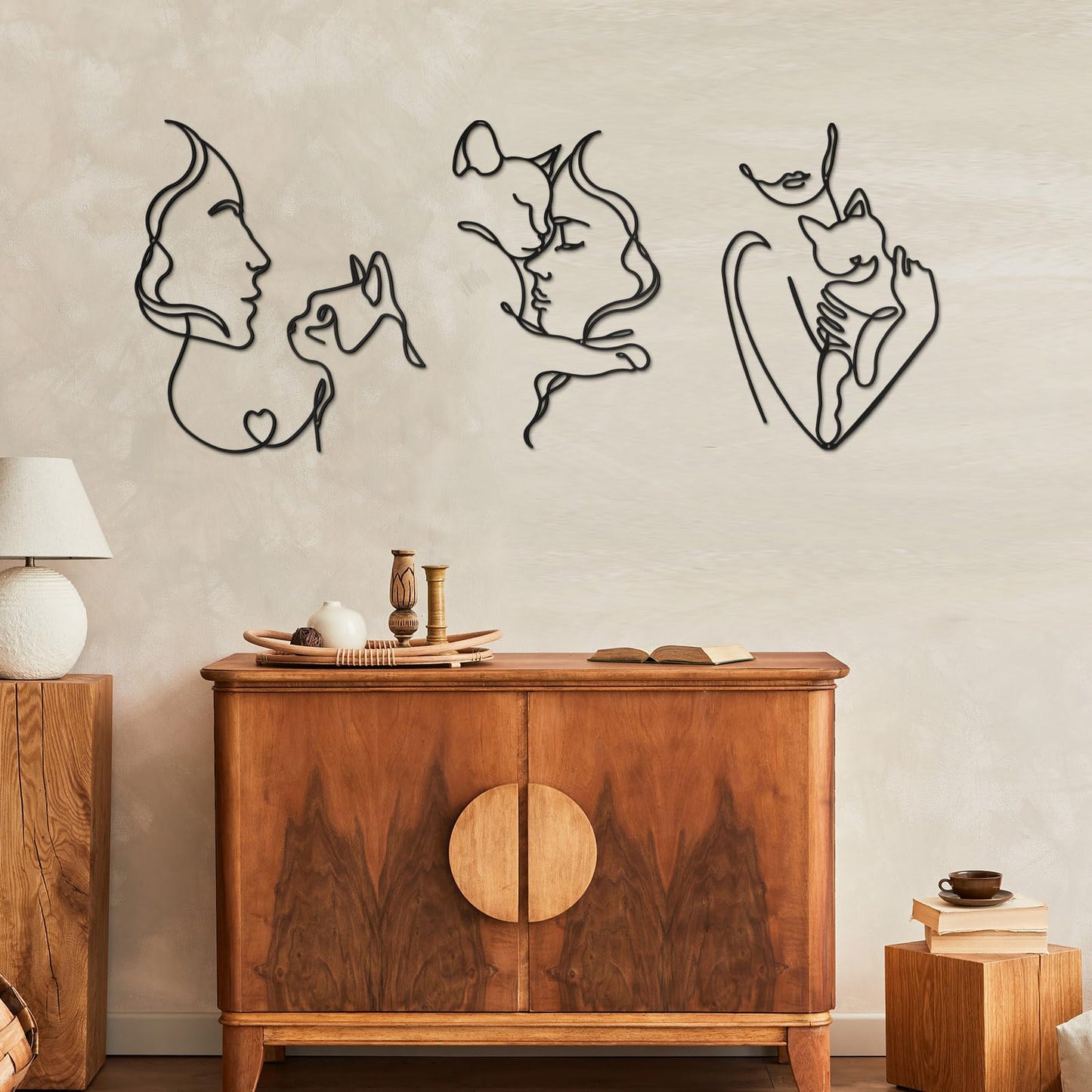 Otoolling 3 Pcs Black Metal Cat Wall Art Decor Women Cats Decor for Cat Lovers Metal Minimalist Girls & Cats Line Drawing Wall Art for Bedroom Living Room Bathroom(Classic)