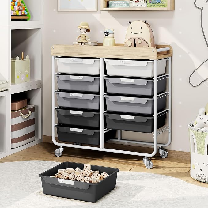 10 Drawers Rolling Cart with Wooden Tabletop, Utility Storage Cart with Wheels, Art Supply Craft Organizer on Wheel with Metal Frame & Handles for Home Office School,Grey