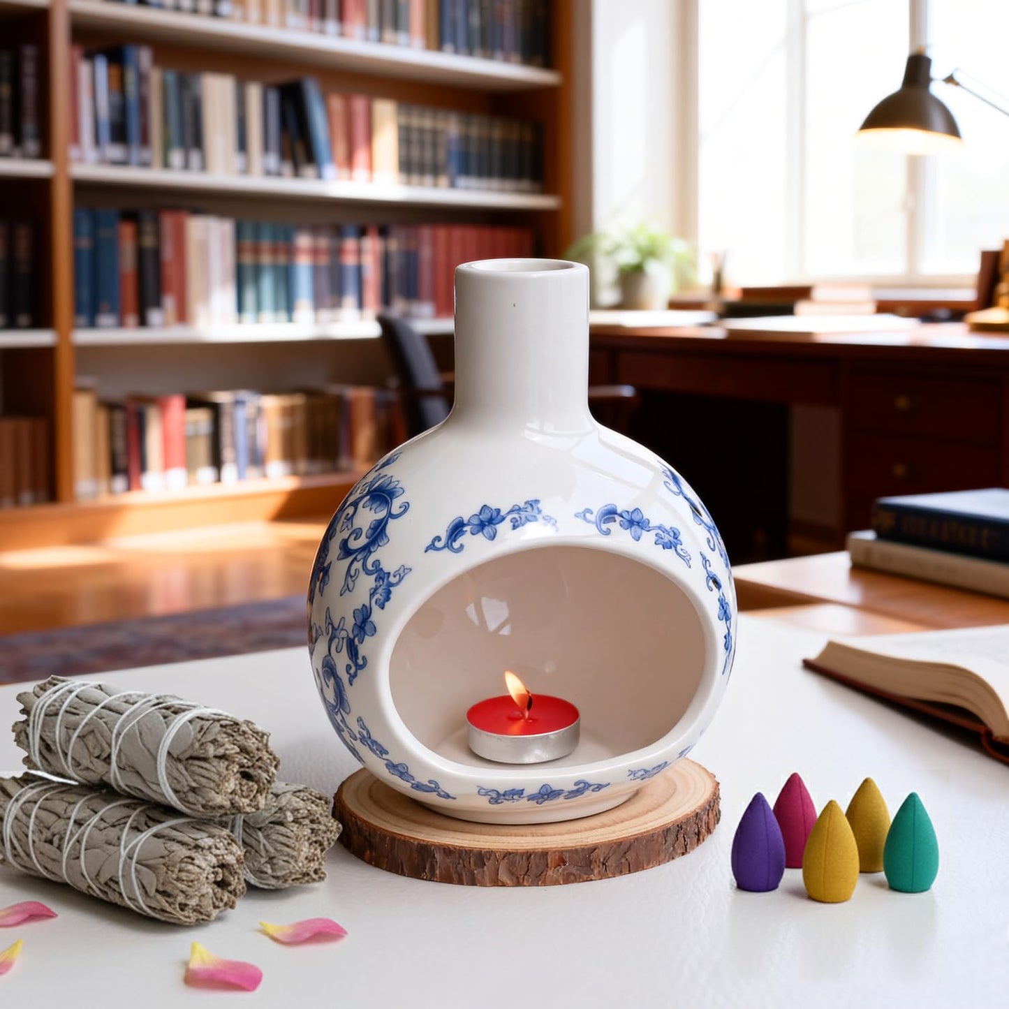 Youmtool Blue and White Porcelain Palo Santo Holder & Ceramic Incense Burner, Handcrafted Mini Chimney with Tree of Life 7 Chakra Stones Pendant, Ash Catcher for Sage & Cones, Yoga Meditation Gift Set