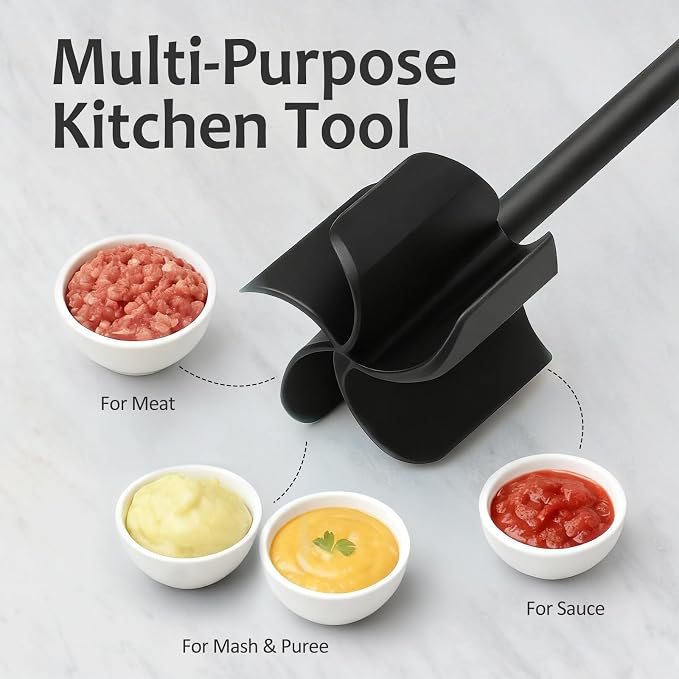 Ourokhome Meat Chopper and Potato Masher, Heat Resistant Nylon Ground Beef Smasher for Hamburger, 5 Curved Blades Nonstick Safe Mixer & Stirrer, Practical Kitchen Gadgets, Black Red