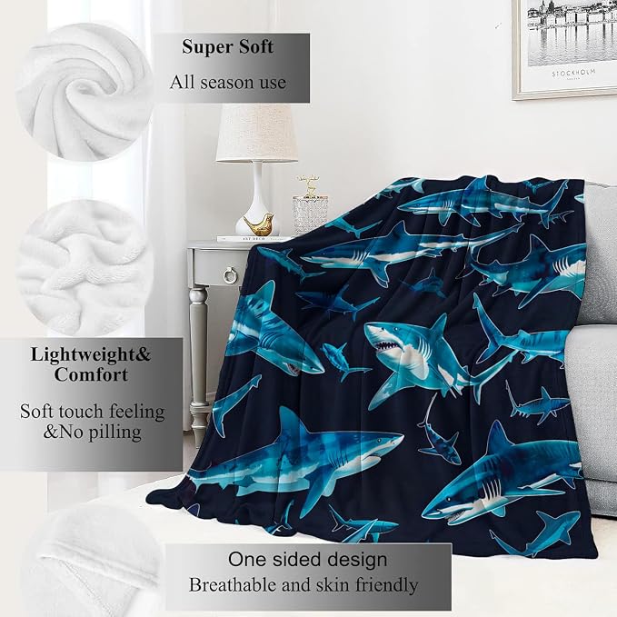 Blue Shark Blanket,Vibrant Deep Sea Sharks Throw Blankets,Gifts for Kids & Marine Life Lovers,Lightweight Soft Fleece,for Picnic Sofa Couch Bed Room Travel,Birthday Decor,50x60in