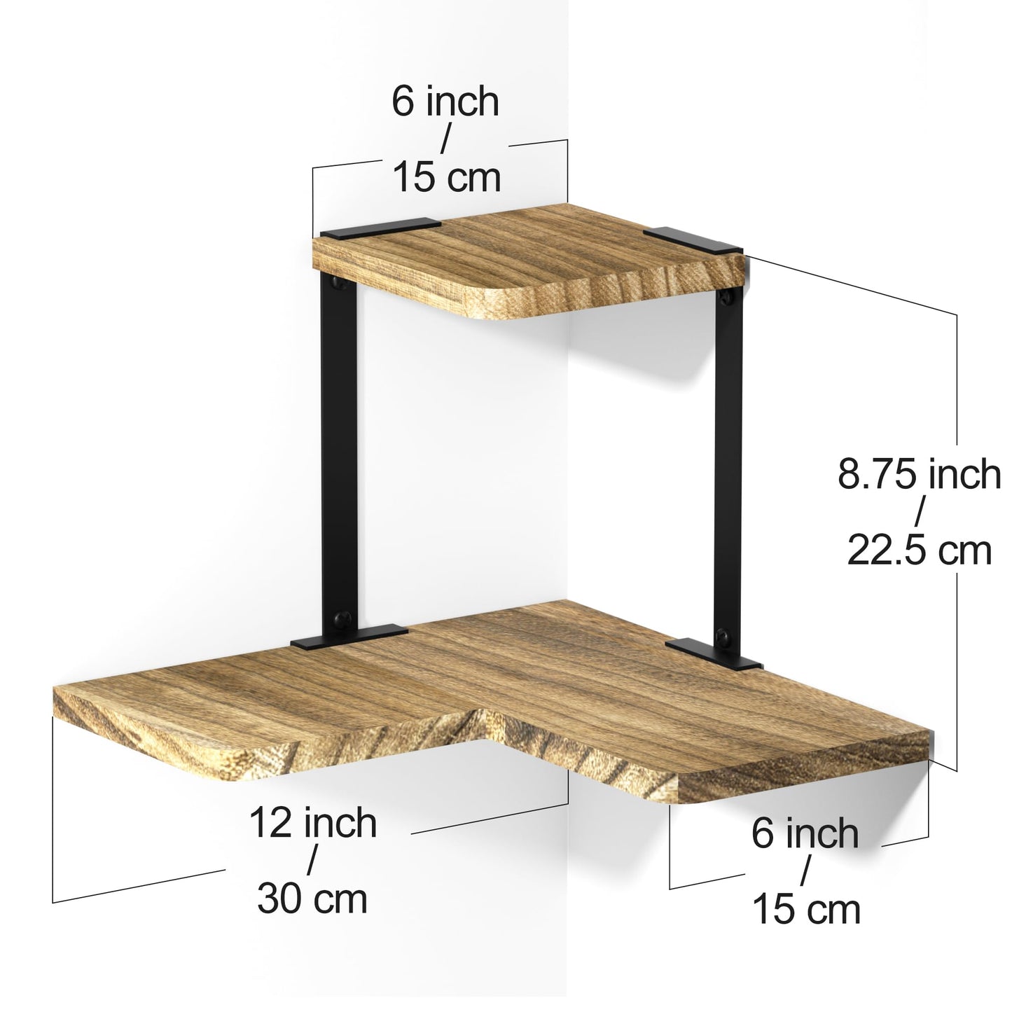 SRIWATANA Rustic Corner Shelf, 2-Tier Wood Wall Shelf, Wall Mounted Storage Shelves for Bedroom, Living Room, Bathroom, Carbonized Black