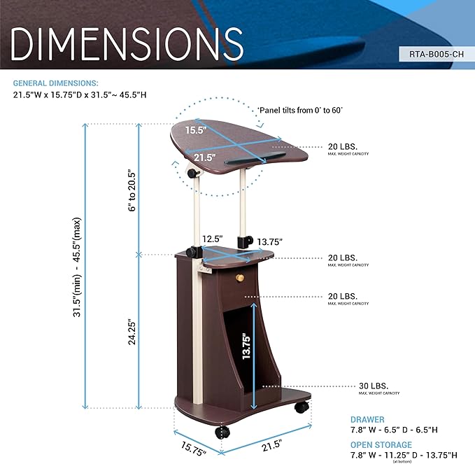 Techni Mobili Sit-to-Stand Rolling Adjustable Storage Medical Laptop Computer Cart, Chocolate, B005