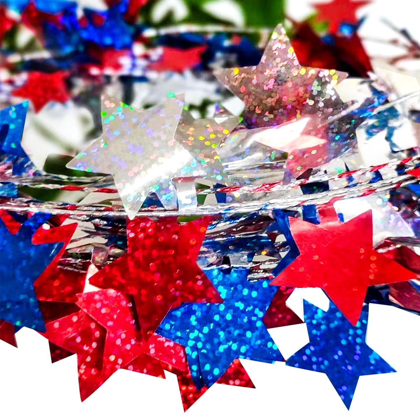 2 Rolls Patriotic Wire Star Garland, Red Blue Silver Star Tinsel Garlands with Wire, Fourth of July Party Decor, Independence Day Birthday Party Festive Ornament