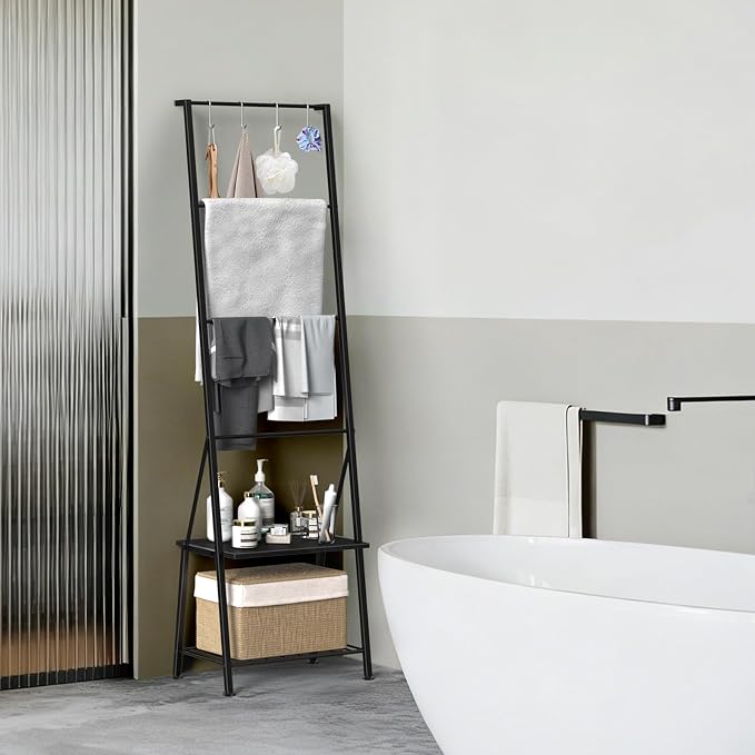 Black Metal Blanket Ladder with Storage Shelf and Hooks, Leaning Towel Rack for Bathroom, Decorative Blanket Rack for Living Room Bedroom