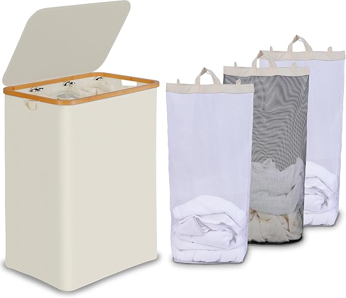 efluky Laundry Hamper with Lid, Trio Laundry Basket with 2 Removable Bags, 3 Section Laundry Bin with Bamboo Handles for Bathroom, Bedroom & Laundry Room, 160L (42.3 Gallon) Beige