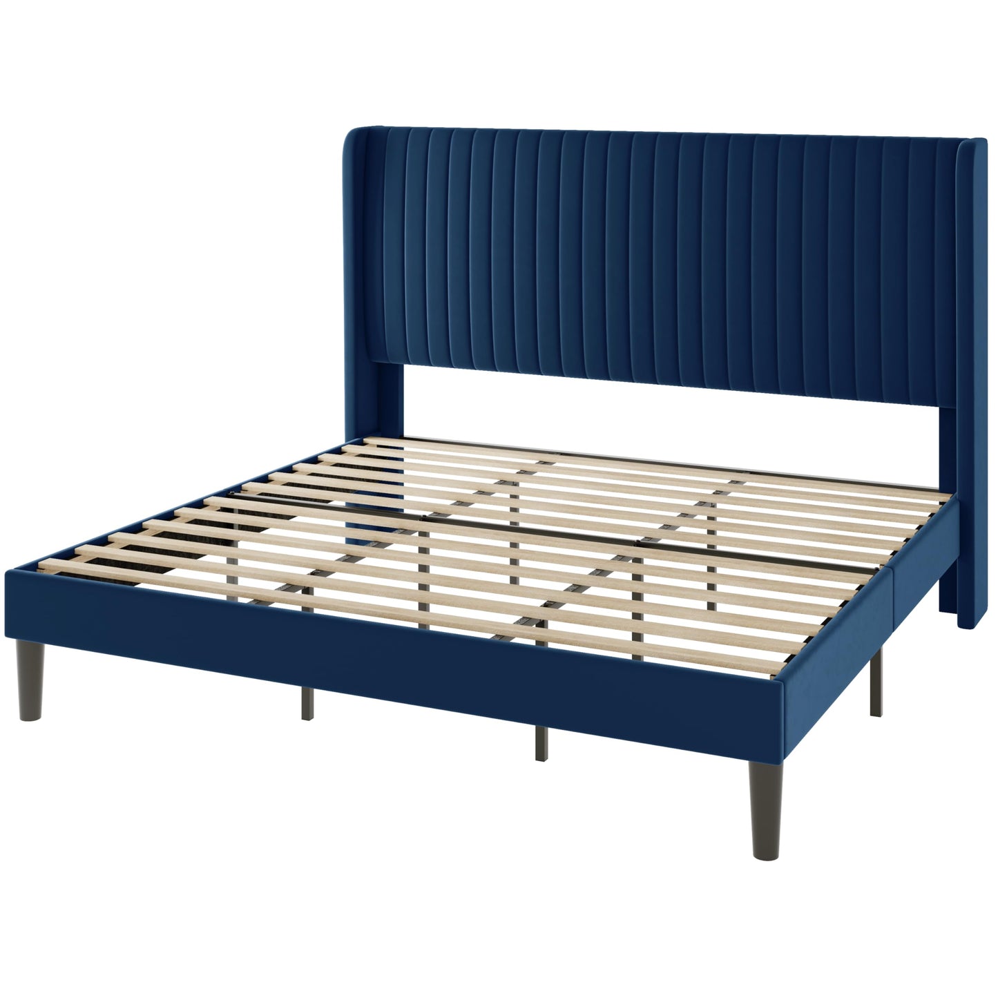 Allewie King Size Velvet Bed Frame/Vertical Channel Tufted Wingback Headboard/Upholstered Platform Bed/Strong Wooden Slats/No Box Spring Needed/Easy Assembly/Blue