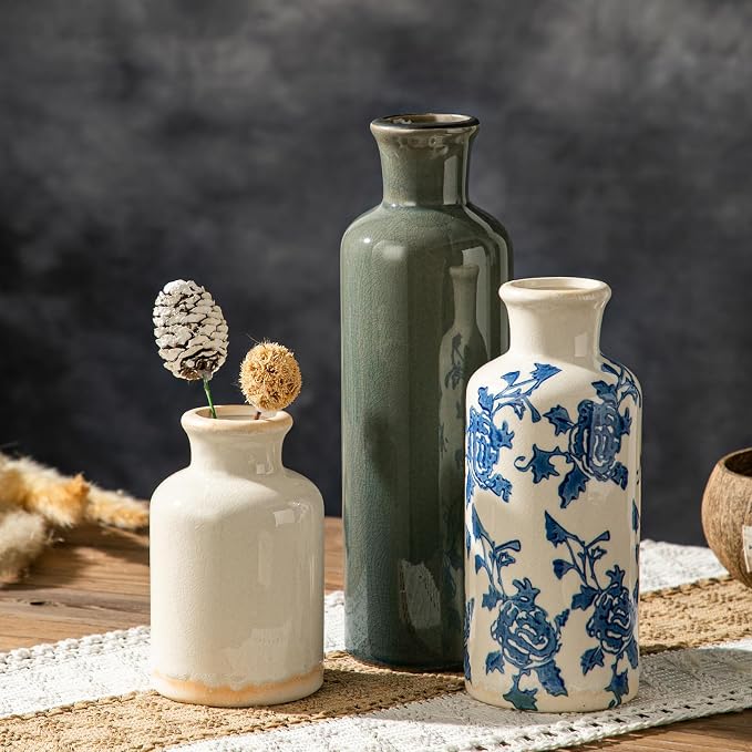 Rustic Ceramic Vase Set of 3, Farmhouse Decorative Flower Vases for Home Decor, Living Room Kitchen Bathroom Table Centerpieces, Shelf, Mantel and Entrance Decorations