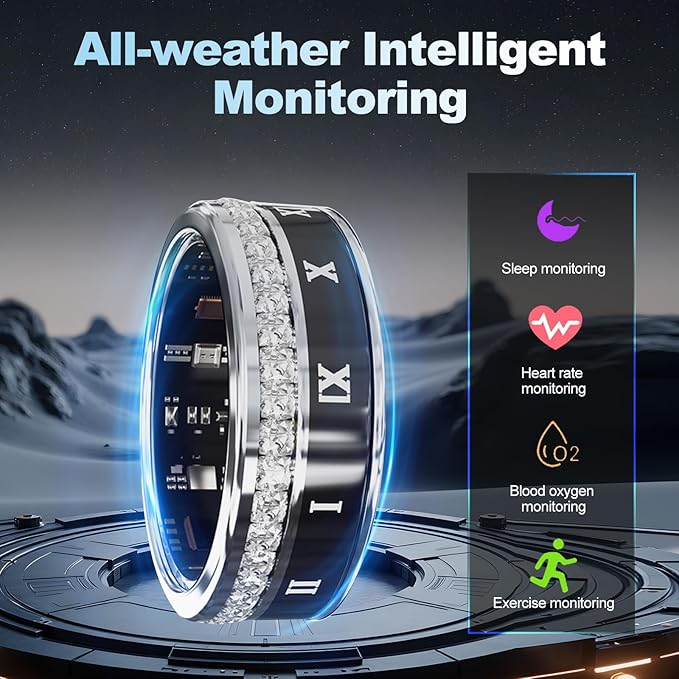 Diamond-encrusted Smart Health Ring for Men and Women - Fitness Tracker with Heart Rate, Blood Oxygen, Blood Pressure, Step Counting, Sleep Monitoring, IP68 Waterproof for iPhone and Android, Black 8#